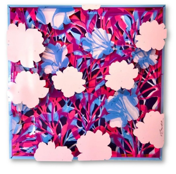 Layered Abstract Floral Blue and Neon Pink